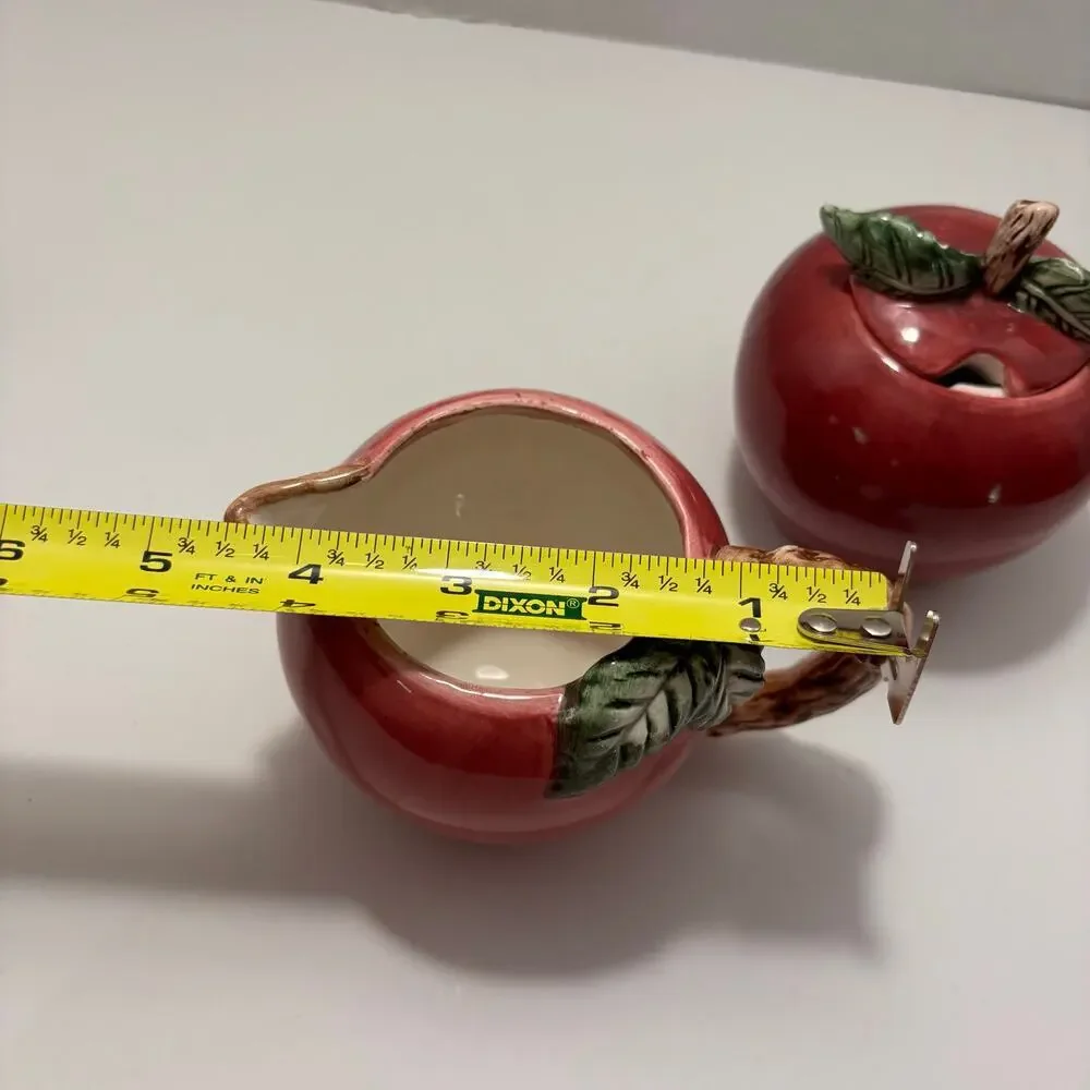 Vintage Red Apple Creamer and Covered Sugar Bowl Set Hand Painted